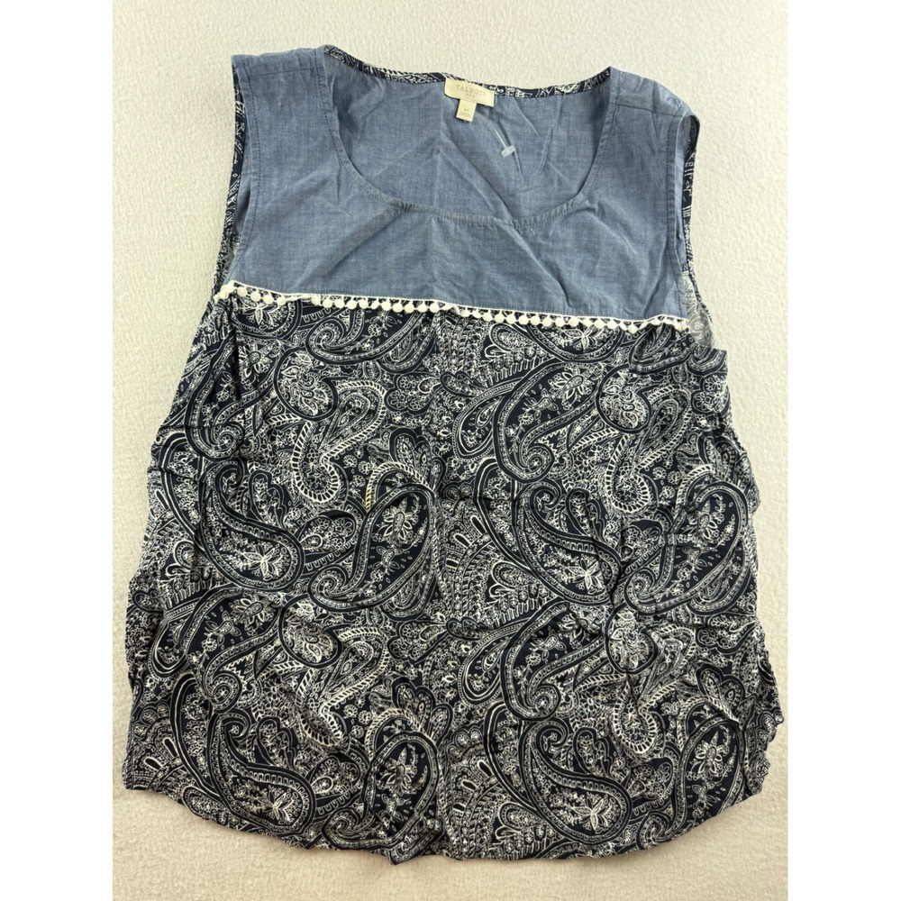 Talbots Womens Paisley Chambray Mixed Media Pom Pom Sleeveless Blouse Blue M